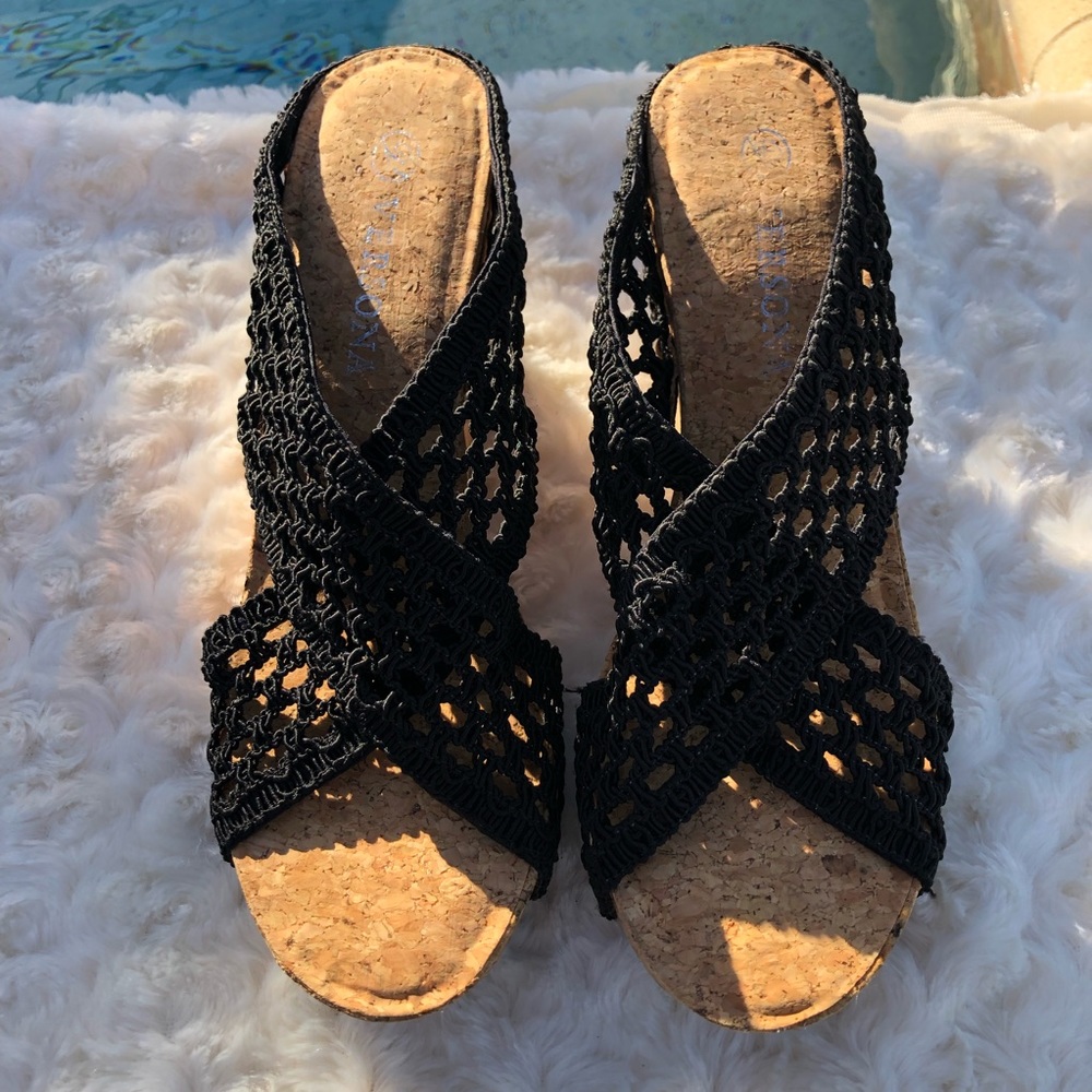 Versona | Stretchy Crochet Black Platform Wedges - Picture 3 of 7